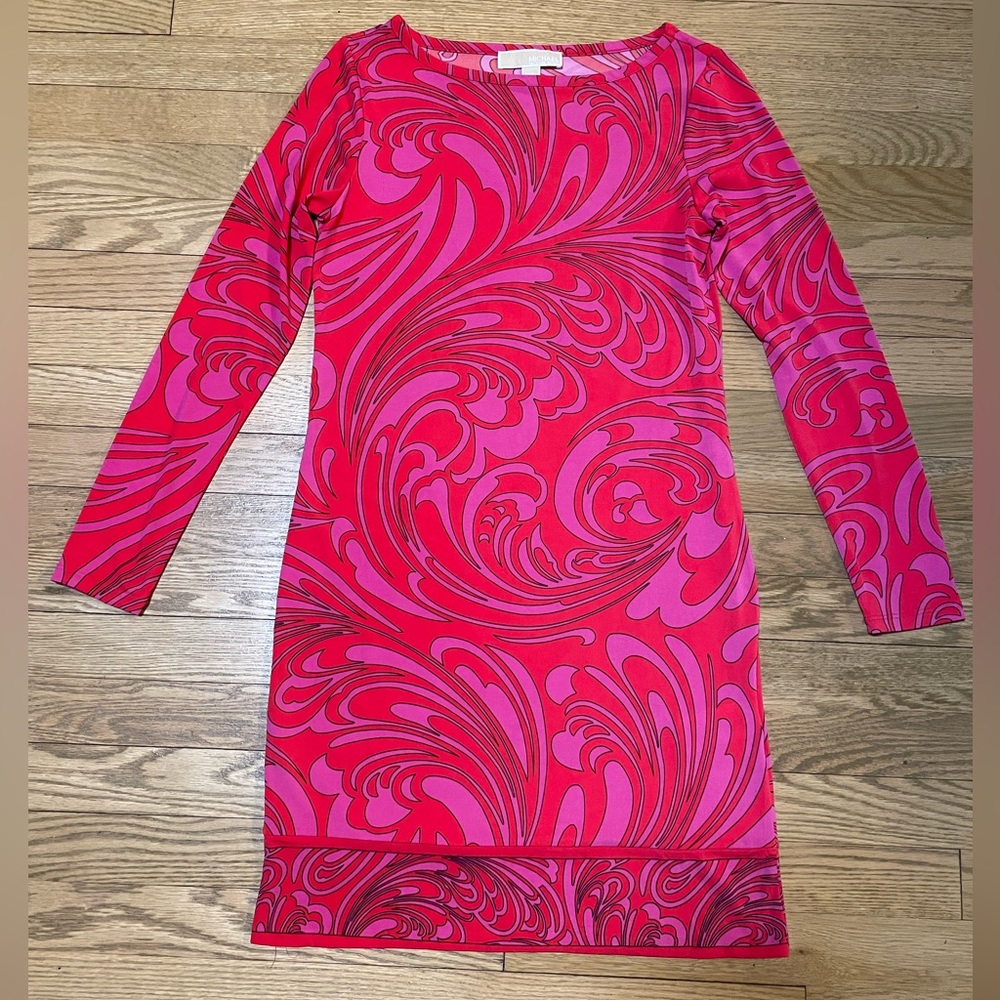 MICHAEL KORS “Cynthia” Red & Pink Paisley Print Jersey Shift Stretchy Mod Dress